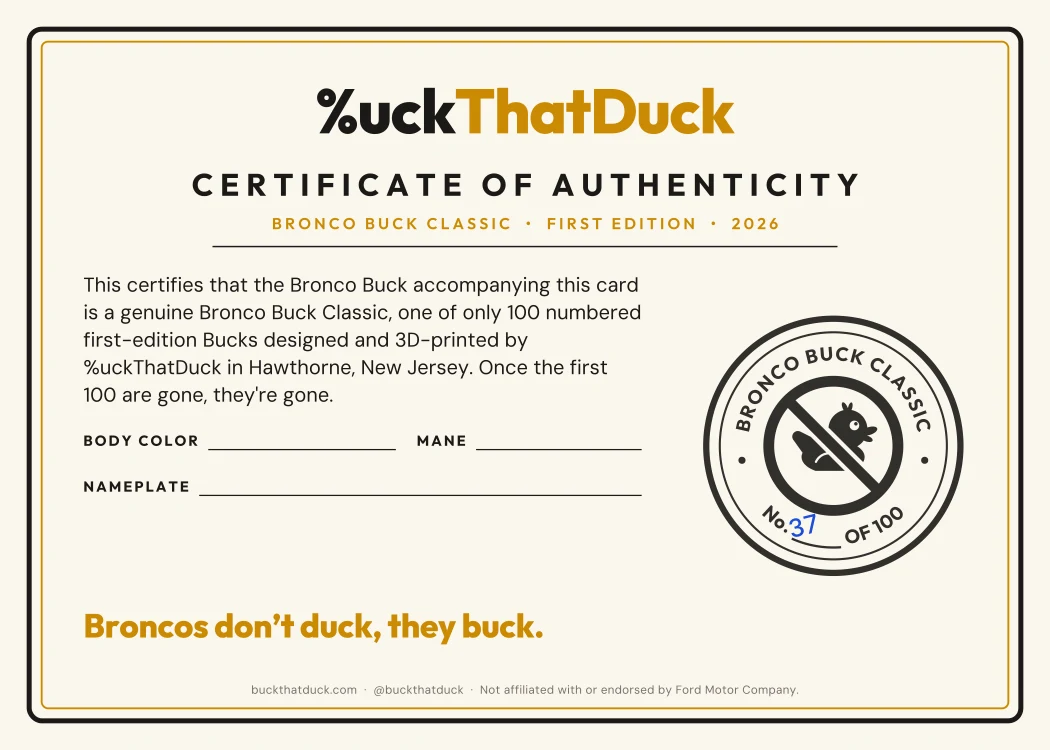 Bronco Buck Classic First Edition 2026 certificate of authenticity, No. 37 of 100